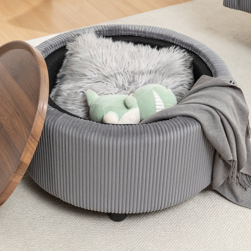 Table basse ronde avec rangement Pietsch, Velours côtelé gris