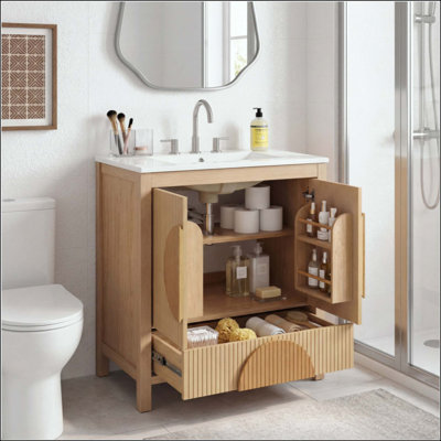 Fluted Bathroom Vanity With Sink - Freestanding Modern Wood Cabinet With Soft-Close Doors, 1 Drawer & Open Storage, Decorative Circular Accent, Solid Wood & MDF Build(faucet not included)