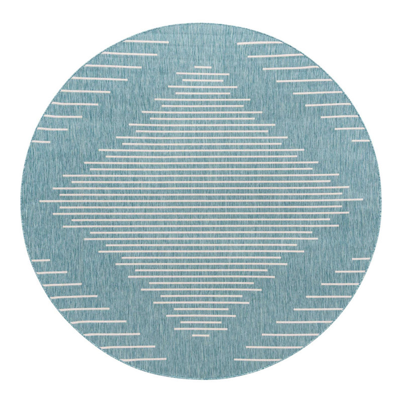Tapis rayé en polypropylène tissé à la machine intérieur / extérieur gris / bleu, Rond 7 pi 10 po
