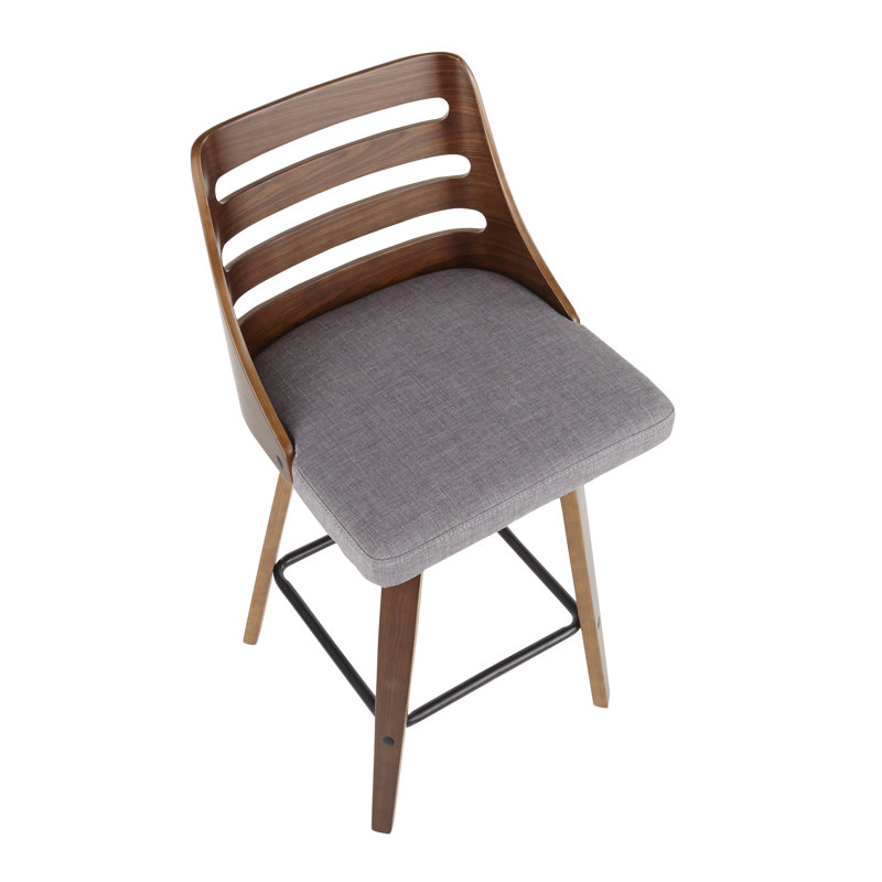 Modern Gray Upholstered Trevi Counter Stool with Walnut Swivel Base