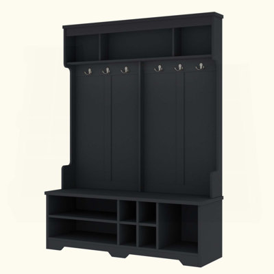 Modern Hallway Hall Tree With Metal Hooks And Storage Space, Multi-Functional Entryway Coat Rack With Shoe Cubbies