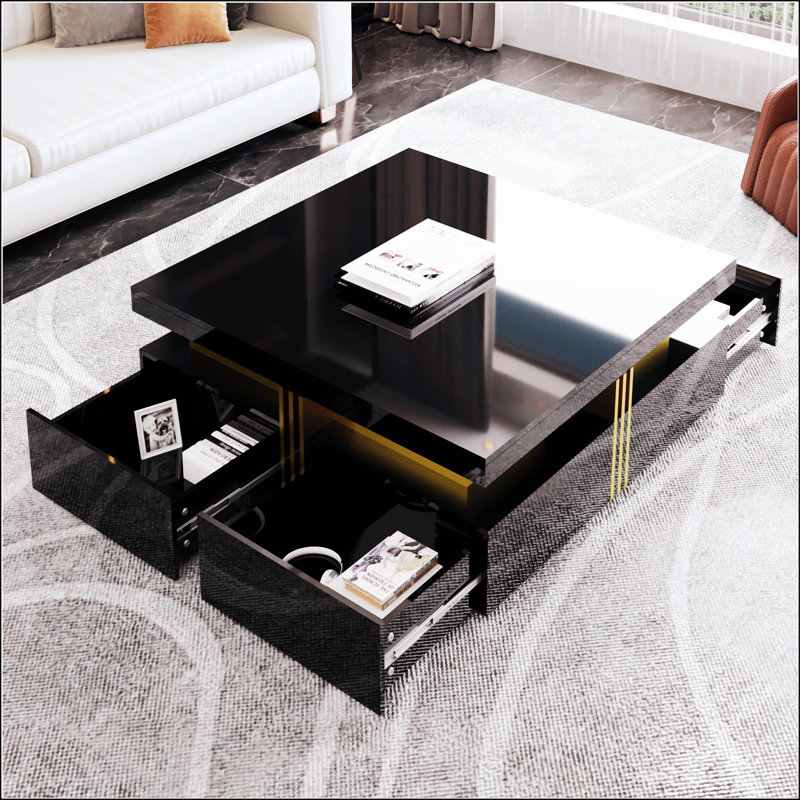 Table basse moderne carrée avec rangement à 4 tiroirs, Noir