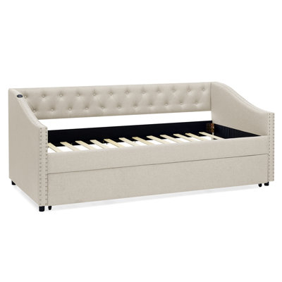 Daybed With USB Charging, Pull-Out Extendable Bed, Button Back, And Copper Nail Waved Arms For Modern Comfort