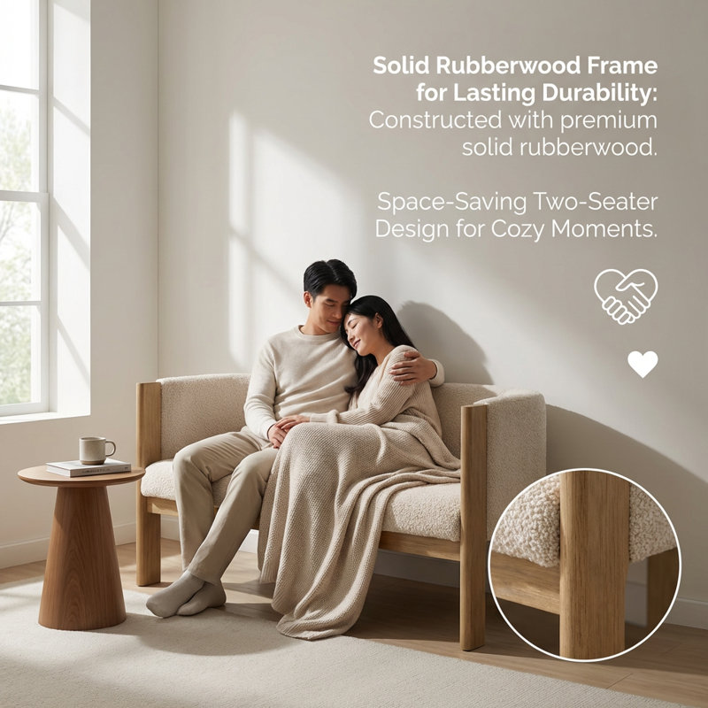 Compact Two-Seater Upholstered Loveseat with Solid Wood Frame and Polyester Fabric, Almond, Natural Ash