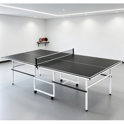 96" Portable Foldable Ping Pong Table, Modern Tennis Table with Clamp-Style Net & Rolling Wheels for Game Room, Patio & Garage