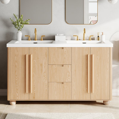 Meuble-lavabo double 59,1 po avec plateau en résine, 4 portes, 3 tiroirs, tablettes réglables et conception à fermeture en douceur