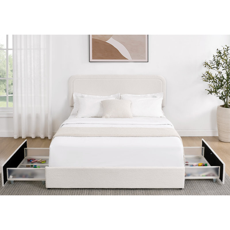 Contemporary Queen Bed With 4 Under Storage Compartments & Stable Frame Classic Style Adjustable Headboard