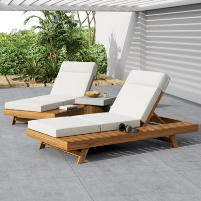 Farnborough Patio Adjustable Acacia Wood Chaise Lounge With Triple-Fold Cushion by Red Barrel Studio