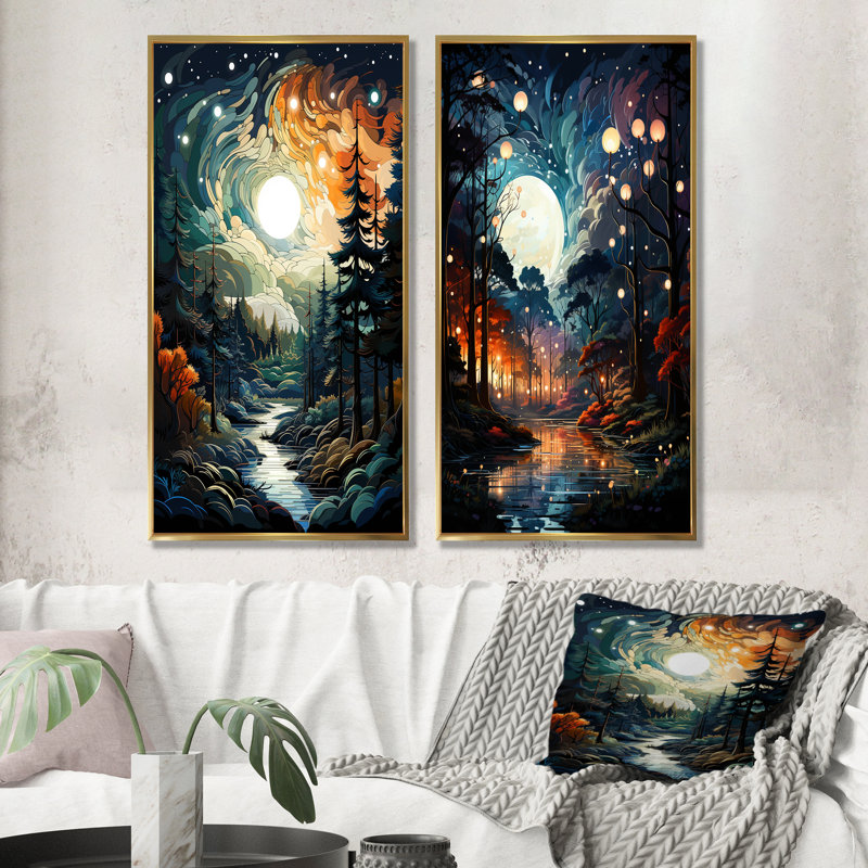 «Moonlight River Into The Forest I», ensemble de 2 reproductions d'art mural, Encadrement doré, H 32 po x l 33 po