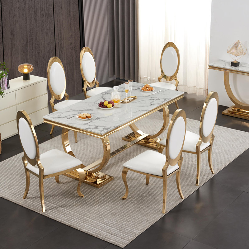 Solway 70.08" Dining Table Set, Modern Kitchen Table For 6 Person (1 Table 6 Chairs), White/Gold