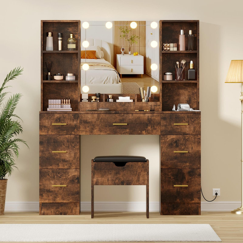 Ensemble de meuble-lavabo 56 "avec miroir éclairé, station de charge, tiroirs de rangement, tablettes et tabouret rembourré