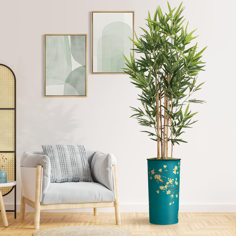 Artificial Tree in Black White Wood Tree Rings Pattern Planter Fake Bamboo Silk Tree, Floral Blue