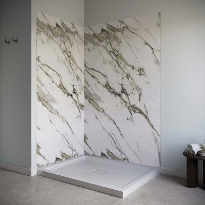 737633058572 42 po L x 34 po l x 76 po H Paroi de douche d'angle à coller en 2 pièces, finition marbre Calacatta