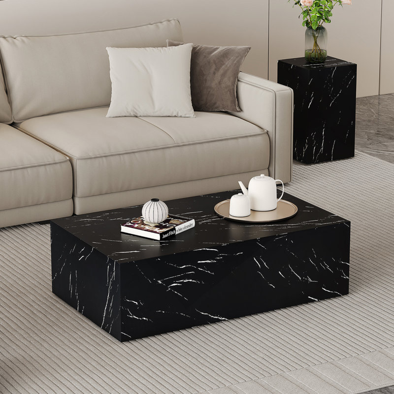 Table basse 39,3 * 23,6 * 11,8 pouces en bois aggloméré noir à texture de marbre - Design luxueux, décoration de salon. Table basse à texture tendance, adaptée à diverses situations et scènes.