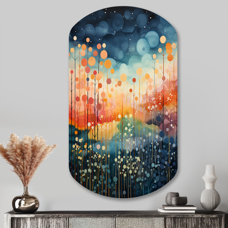 Bleu, rose, Mid Century Abstract Landscape - Mid Century, cylindre, décoration murale en métal, reproduction d'art asymétrique moderne