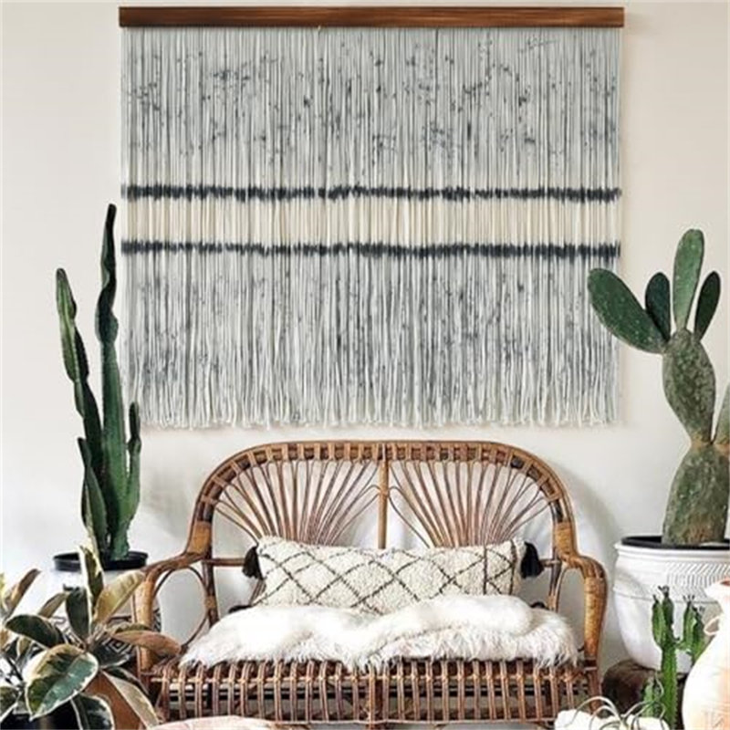 Décoration murale minimaliste en macramé blanc l 39 po x L 33 po avec lignes noires et points décoratifs