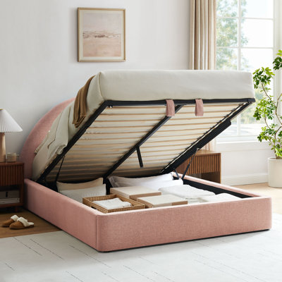 Resort King Arched Upholstered Fabric Storage Platform Bed Frame in Blush
