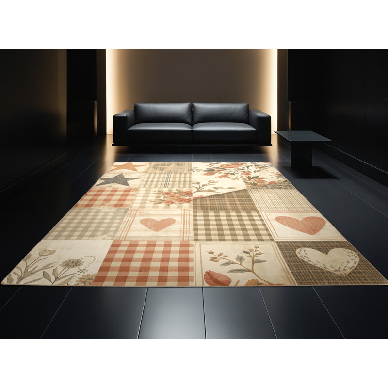 Machine Washable Pavla Cottage Americana Patchwork Rug in Beige – Beige Binding, 4' Square