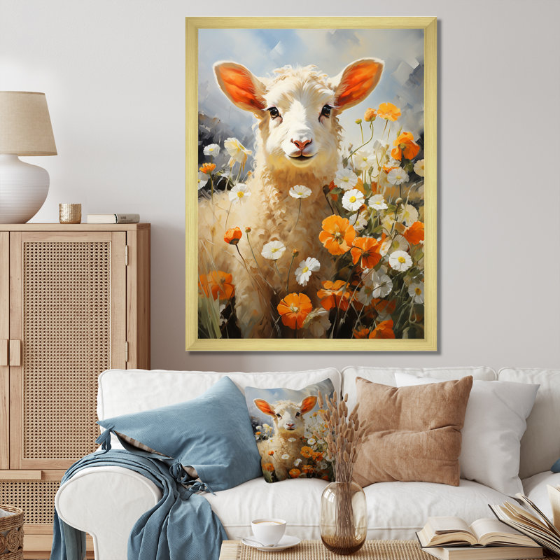 Sheep In Daisies - animaux, impressions sur toile, Cadre flottant doré, H 40 po x l 30 po x P 1,5 po