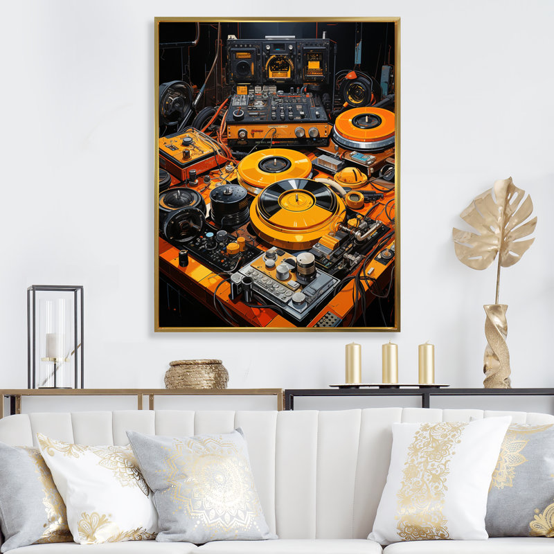 «Yellow Turntables Boom Boxes III», reproduction sur toile encadrée, Cadre flottant doré, 20" H x 12" W