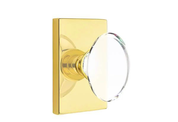 Emtek Passage Interior Mortise Set w/ Modern Rectangular Rosette & Hampton Glass Knob (LH), Satin Brass