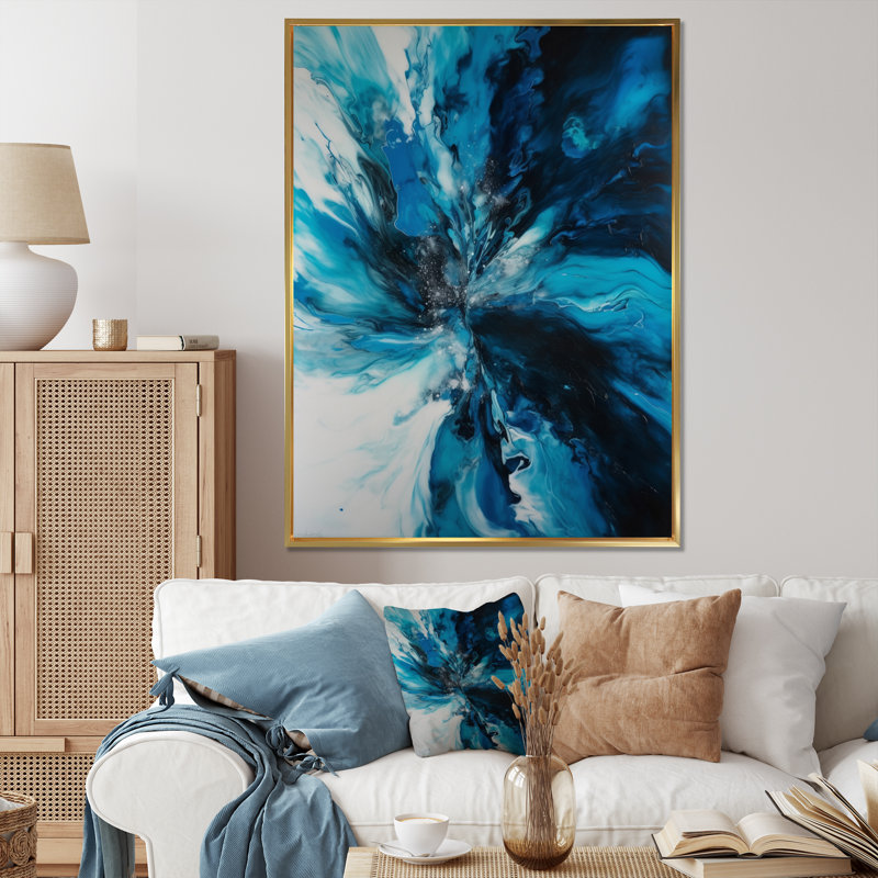 Marbre chromatique bleu et noir sur toile, Cadre flottant doré, H 44 po x l 34 po x P 1,5 po
