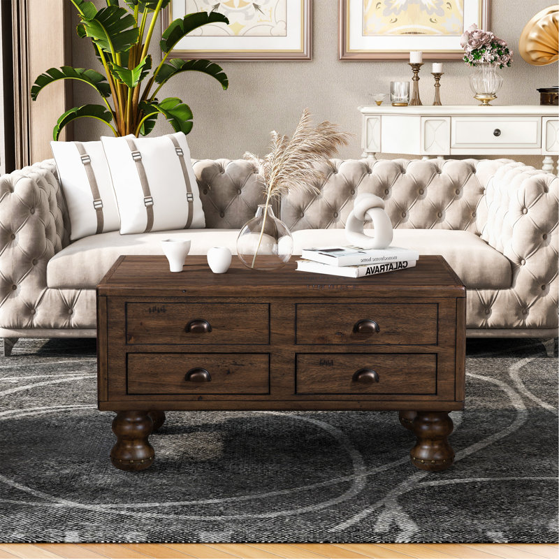 Table basse rectangulaire en bois massif pour le salon, table basse antique de 40 pouces à 4 tiroirs, table basse en bois avec pieds décoratifs et assemblage facile, espresso