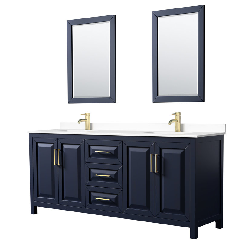 Daria 80'' W Double Vanity, White Cultured Marble, Dark Blue, Brushed Gold