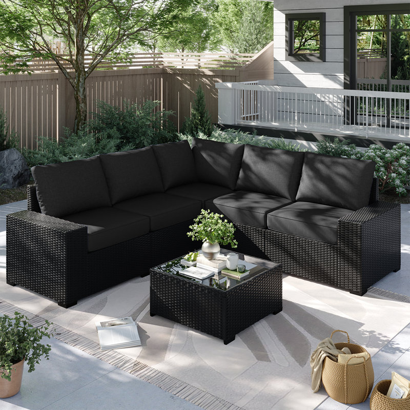 Ensemble de meubles de patio 6 pièces, avec coussins et table basse en verre, ensemble de canapé modulaire en osier de rotin Pe