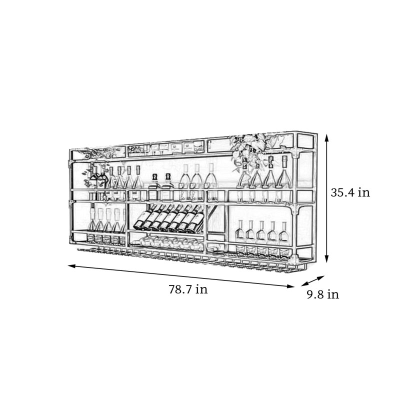 Wall mounted wine rack, Black, 35.4" H x 78.7" W x 9.8" D