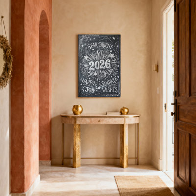 Étoile brillante 2026 de style tableau noir sur toile tendue, "Happy Joy Sparkle Wishes", impression pour la décoration intérieure et les fêtes