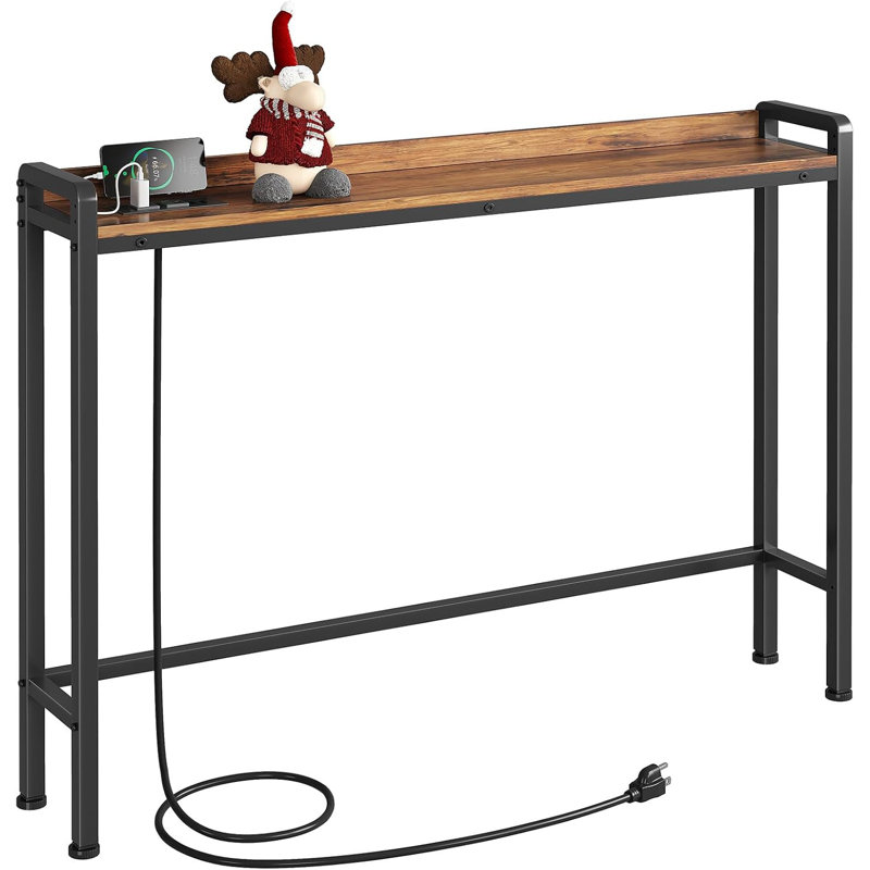 Rustic Brown Narrow Console Table With Built-In Power Outlets, 2 Outlets & 2 USB Ports, Adjustable Anti-Tilt, 6.5Ft Cord, 39.4" L X 33.3" H X 5.9" D, Behind Sofa Entryway Table