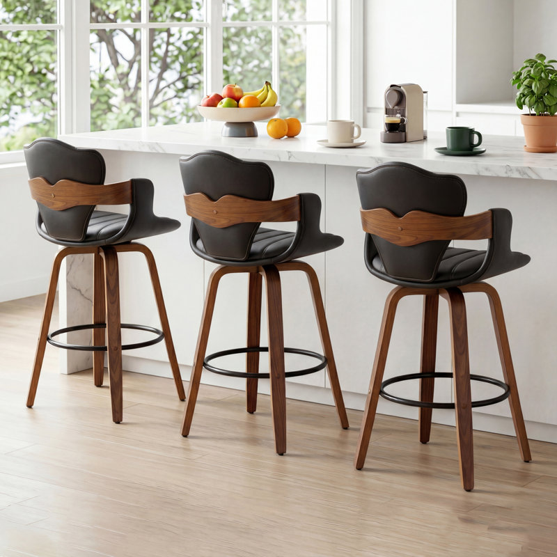 Hively 360° Swivel Upholstered Counter Stool With Wood Frame, Counter Stool (25" Seat Height), Black
