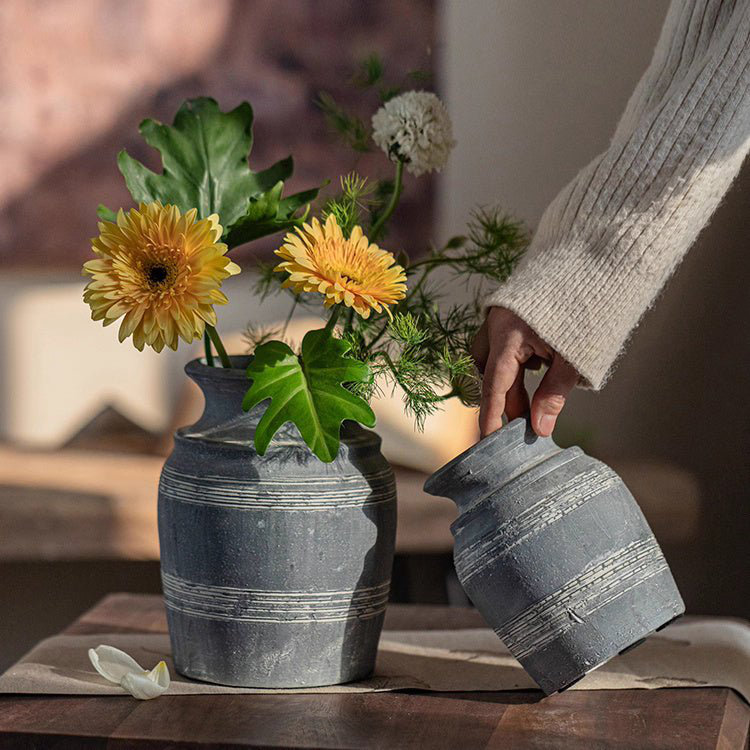 Handmade Gray Clay Pottery Vase, 7.8" H x 4.7" W x 5.1" D