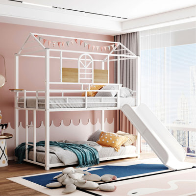 Twin Over Twin Metal Bunk Bed ,Metal Housebed With Slide,Three Colors Available.(White With White  Slide)