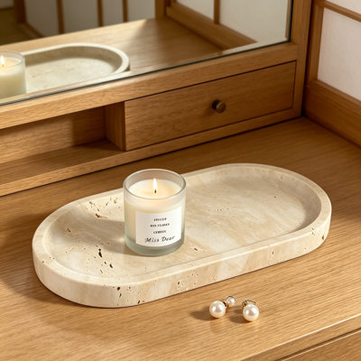 Natural Travertine Vanity Tray With Non-Slip Base, Decorative Organizer For Jewelry, Perfume, And Bathroom Countertop, Light Beige Stone Tray