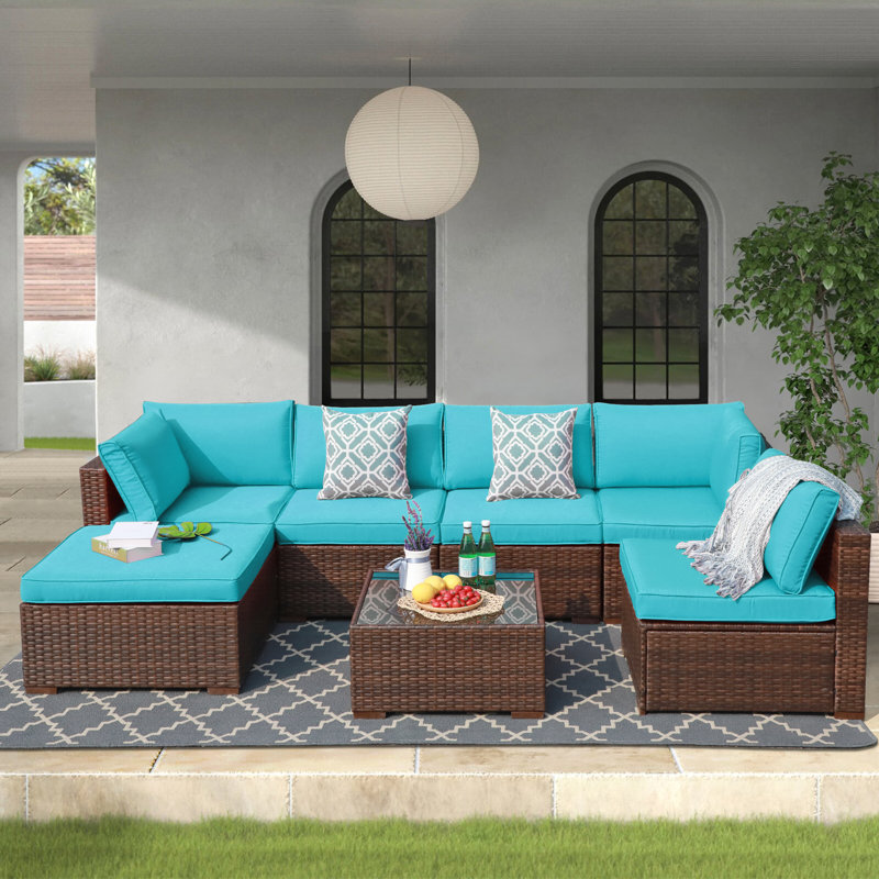Ensemble de conversation modulaire avec coussins 7 pièces Axwell, Structure brune / coussin turquoise