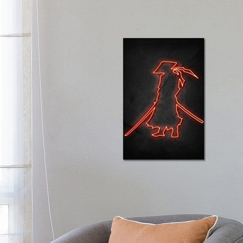 Samurai Neon by Durro Art - Wrapped Canvas Painting, 66.04 cm H x 45.72 cm W x 1.91 cm D
