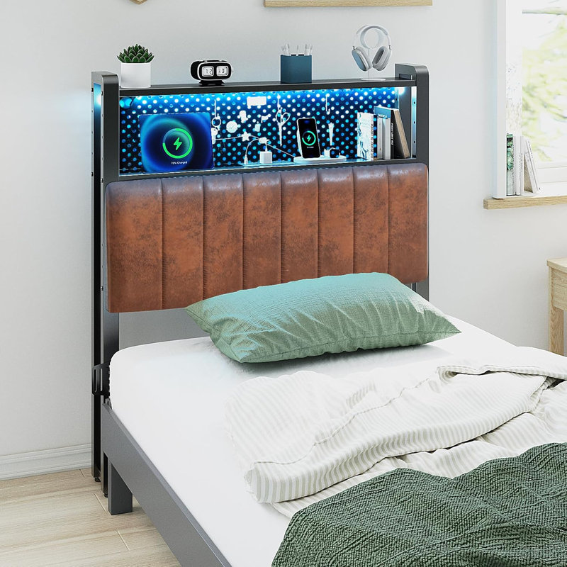 Queen Size Headboard, Adjustable Upholstered Headboard With 2 Tier Shelves And Pegboard With Charging Stations And LED Lights, Modern Bed Headboard With Storage PU And Brown