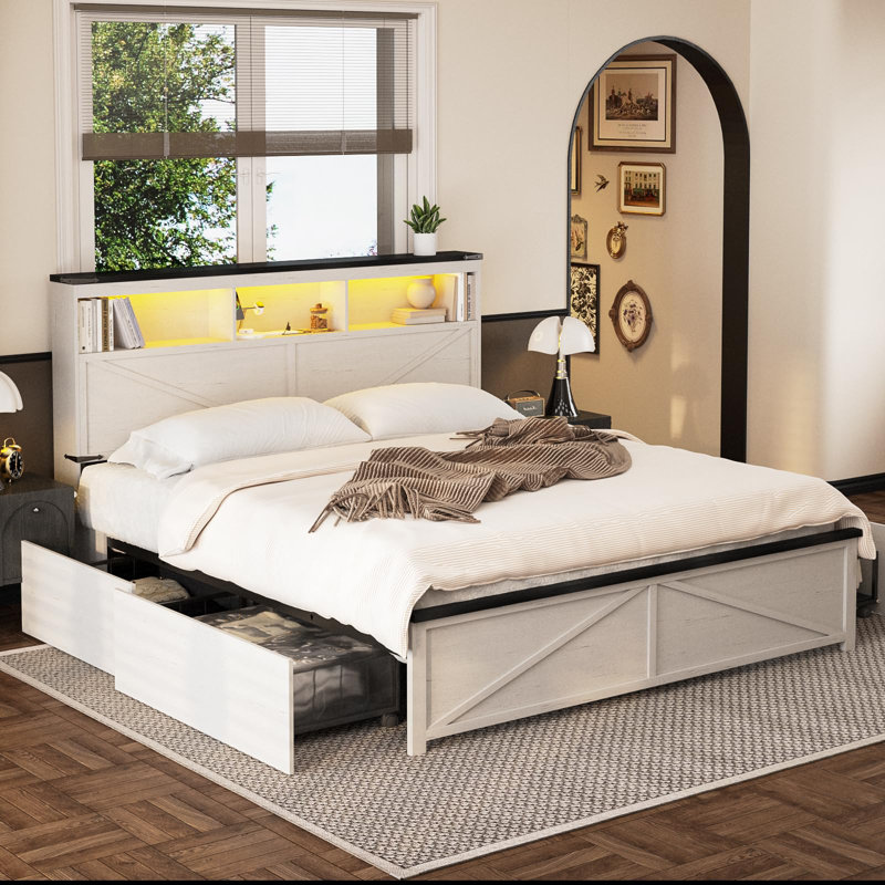 Farmhouse Bed Frame With 48" Tall Storage Headboard, Full