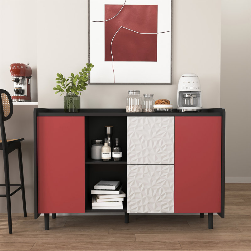 Storage Cabinet With Doors And 2 Drawers With Unique Panel Styling, Modern Coffee Bar Cabinet, Accent Cabinet, Black/Red