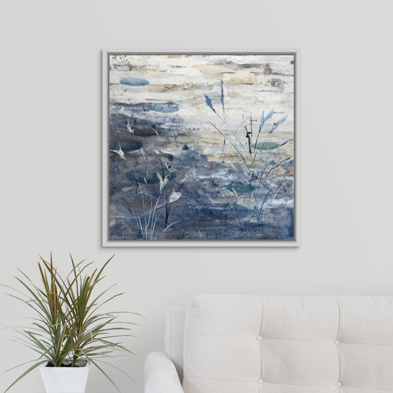 «Pond», peinture sur toile, H 25,7 po x l 25,7 po x p 1,75 po, Cadre flottant blanc