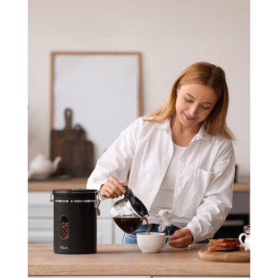 Grand contenant à café de 38 oz avec fenêtre, acier inoxydable hermétique, contenant de rangement pour aliments de cuisine avec couvercles, traqueur de date et pelle, grains de café moulu, thé, farine, céréales, pots à sucre, noir