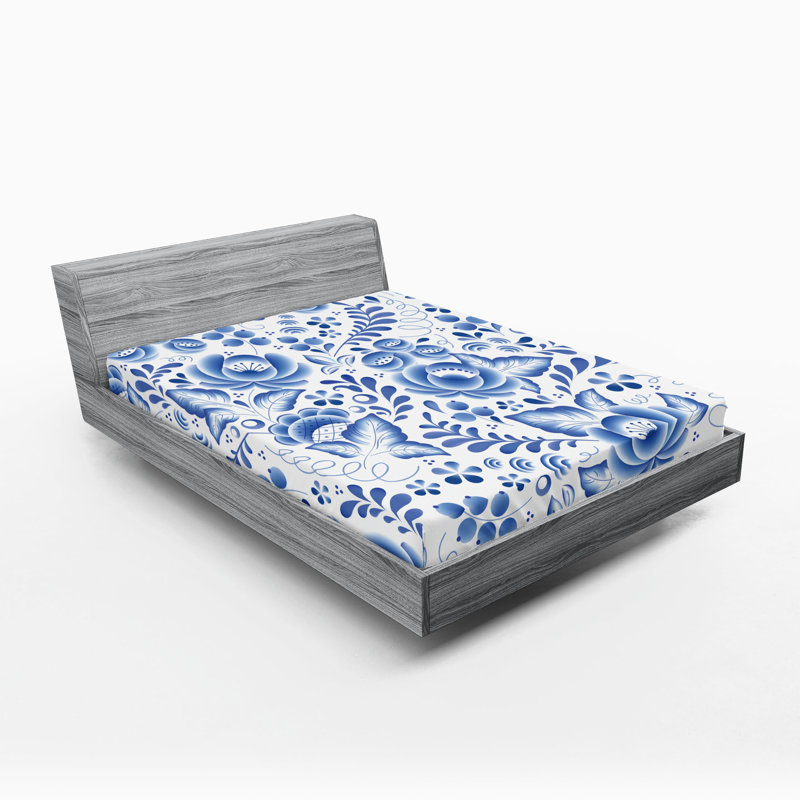 Ensemble de 2 draps-housses Ambesonne, Drap-housse très grand californien, Bleu de cobalt, blanc / floral