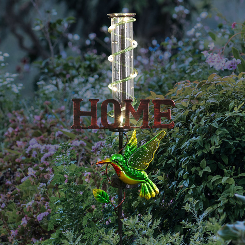 Green Metal Solar Hummingbird Rain Gauge Garden Stake