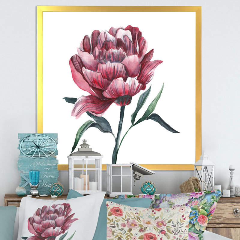 Fleur de pivoine rouge rétro, Impression dorée sur toile encadrée, H 30 po x l 30 po x P 1 po