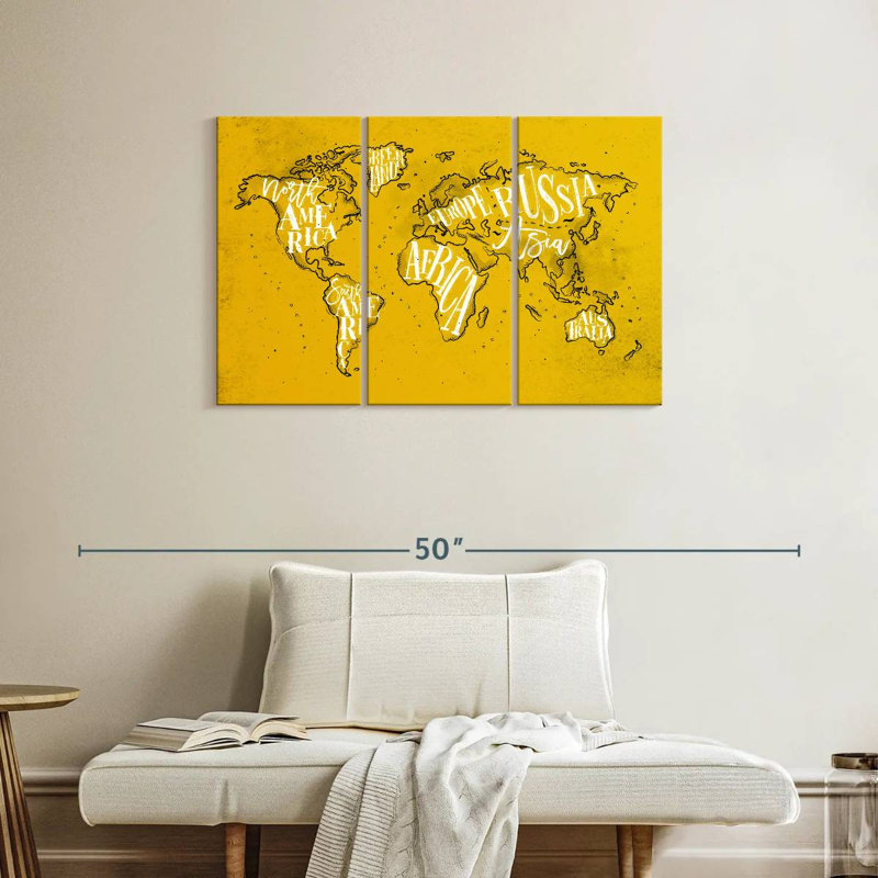 Carte du monde typographique jaune Aliaz, H 24 po x l 38 po