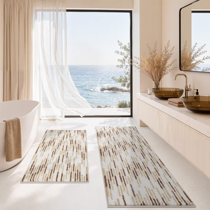 Ensemble de tapis de bain 2 pièces, tapis de bain moderne 51 x 119 cm + 51 x 81 cm, beige, chenille bouclée, envers antidérapant en caoutchouc TPR, rayures abstraites, doux, épais, absorbant et lavable, tapis de couloir pour salle de bain