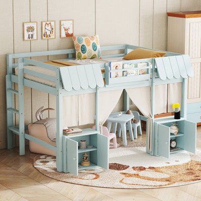 Full Loft Kids Bed with Bookshelf, Storage Shelf, Curtain & Safety Guardrails – Playful Amusement Park Design, Blue