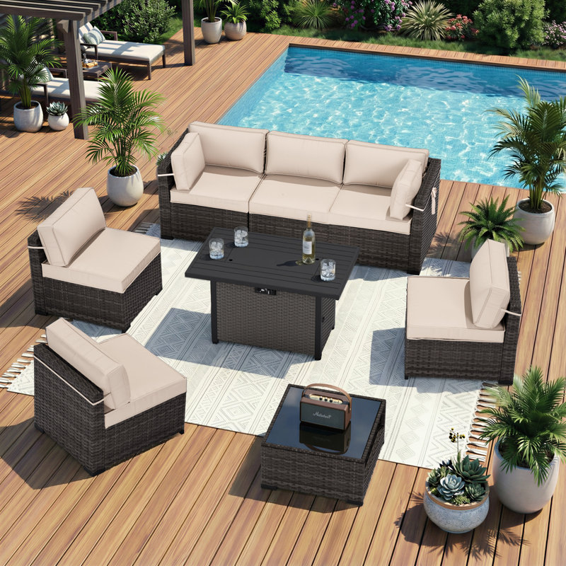 6-Person All-Weather Rattan Modular Outdoor Lounge Set with Plush Cushions and Integrated Fire Pit Table, Beige, Brown/Gray